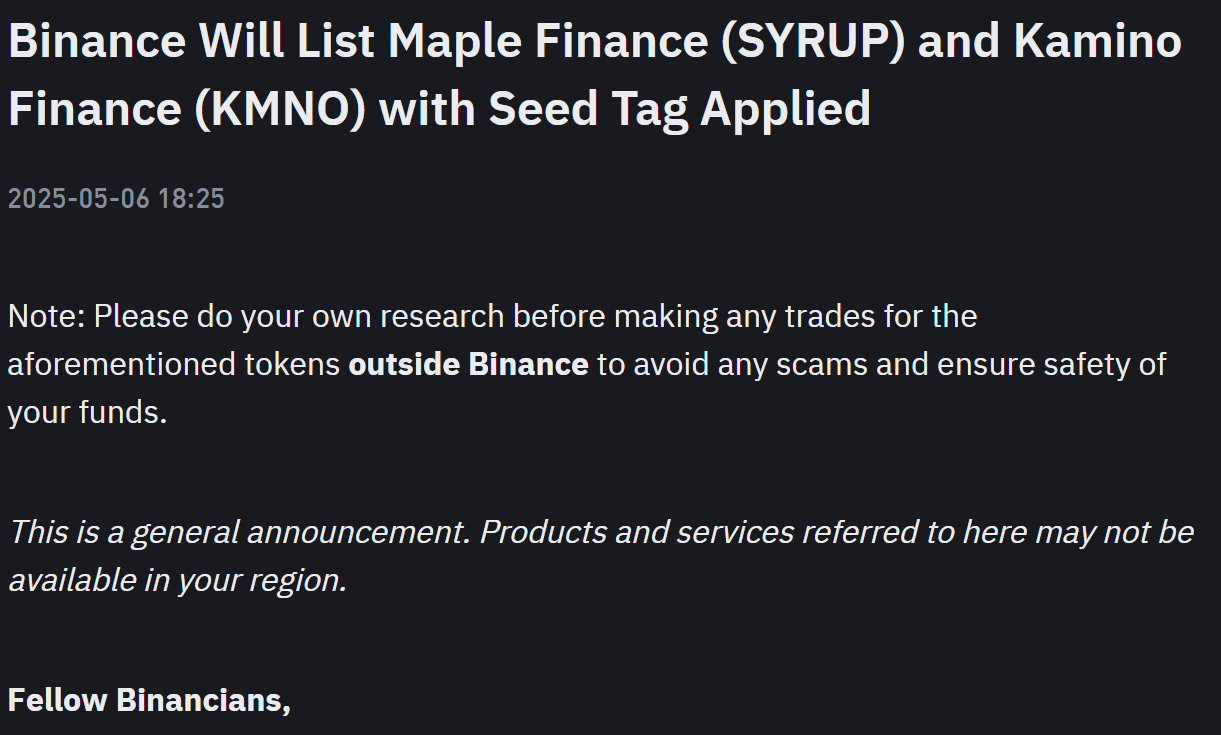 Binance Spot sẽ niêm yết 2 đồng coin SYRUP và KMNO tối ngày 6/5/2025 - nguồn: Binance Announcement