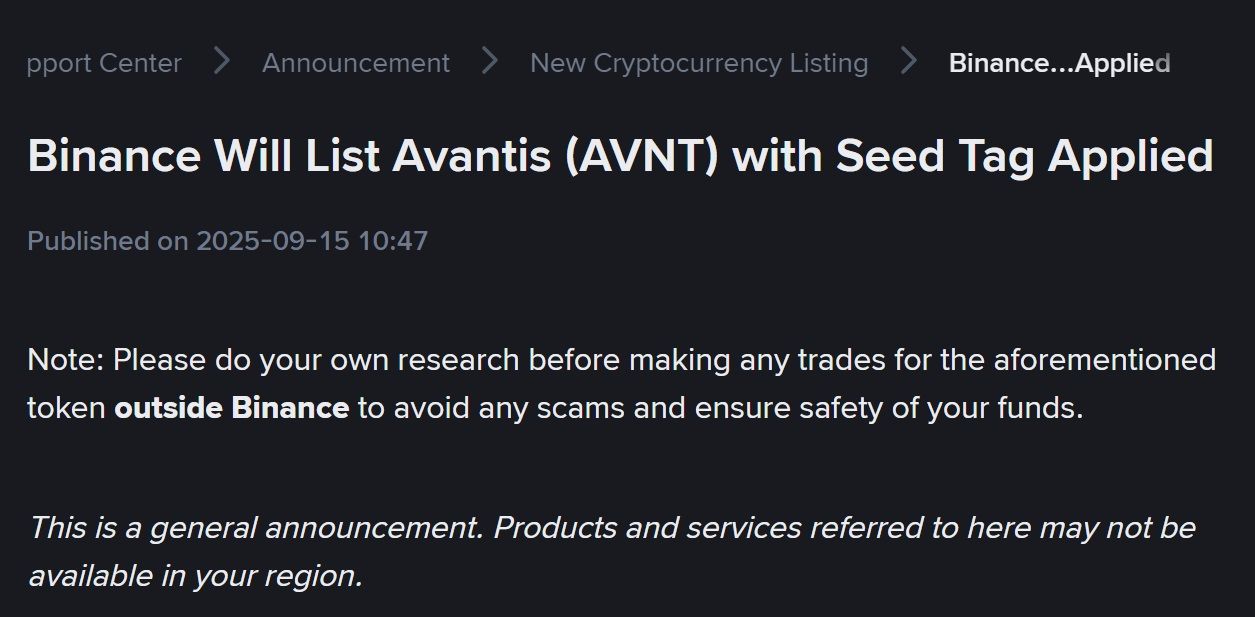 Binance sẽ niêm yết token AVNT (Avantis) và áp dụng Seed Tag - nguồn: Binance Announcement