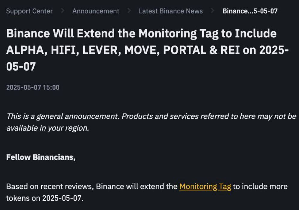 Binance bổ sung thêm 10 đồng coin vào mục rủi ro “Monitoring Tag” ngày 7/5/2025 - nguồn: BInance Announcement