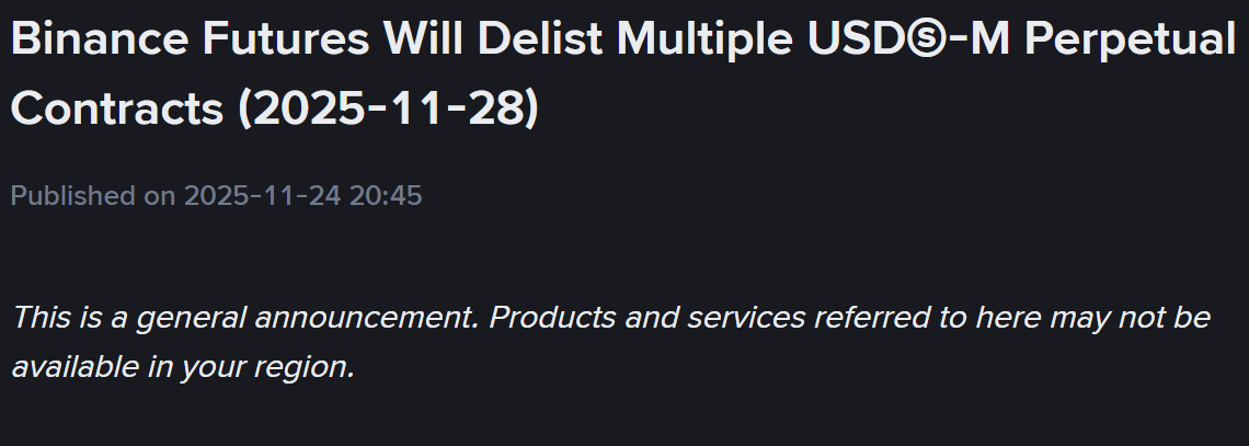 Binance Futures thông báo huỷ niêm yết hàng loạt hợp đồng Futures vào ngày 28/11/2025 - nguồn: Binance Announcement