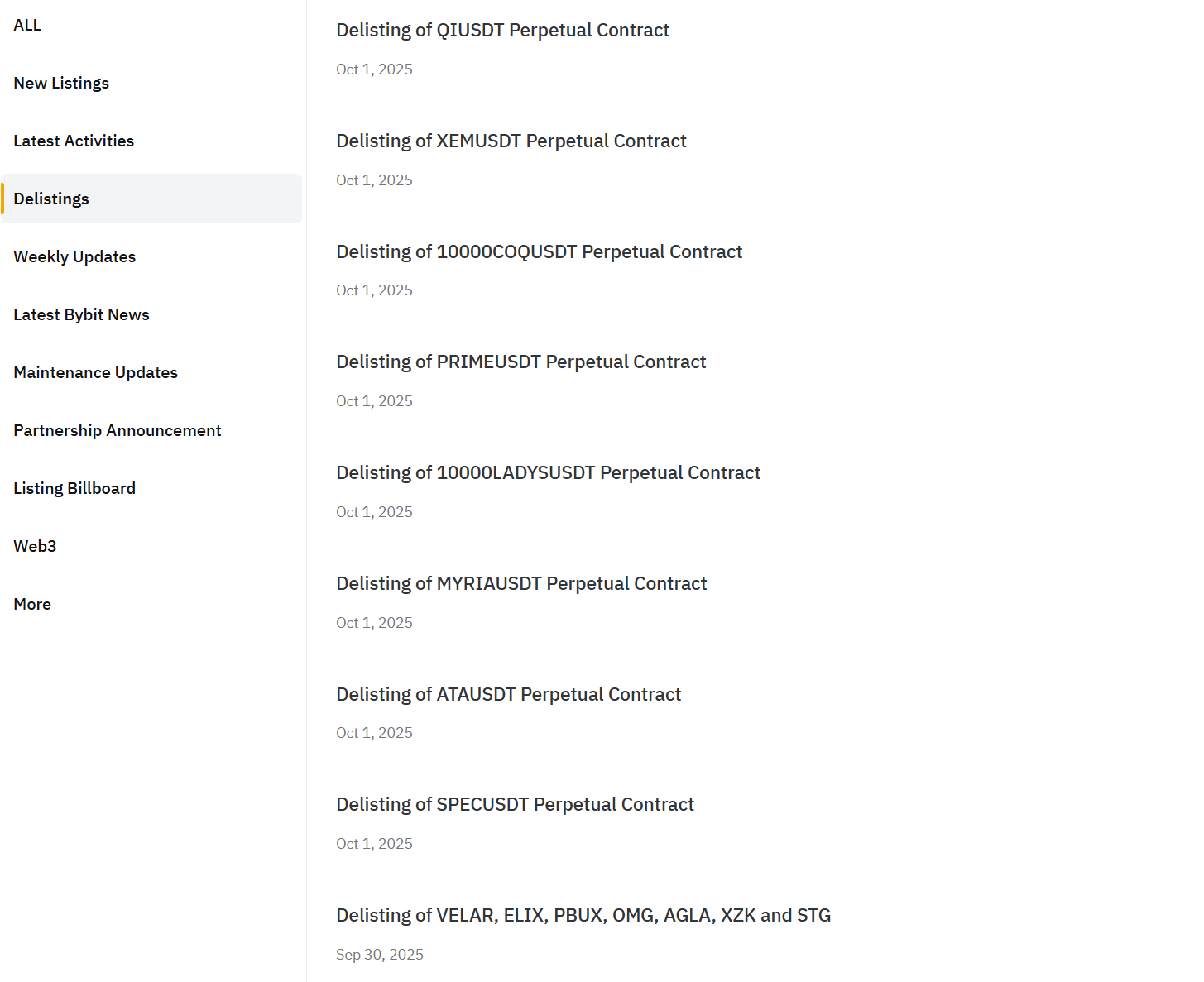 Bybit thông báo huỷ niêm yết hàng loạt đồng coin đầu tháng 10 năm 2025 - nguồn: Bybit Announcement