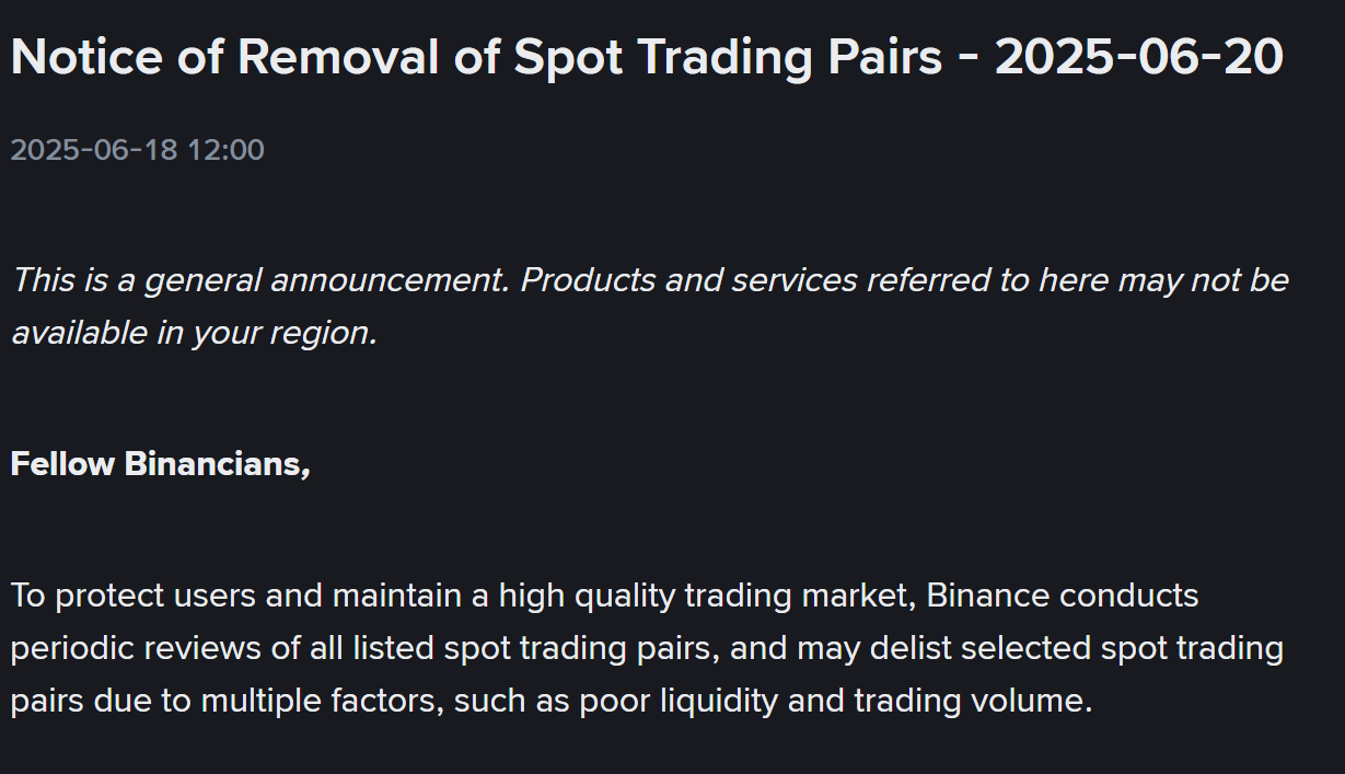 Binance thông báo huỷ niêm yết các cặp giao dịch Spot vào ngày 20/6/2025 - nguồn: Binance Announcement