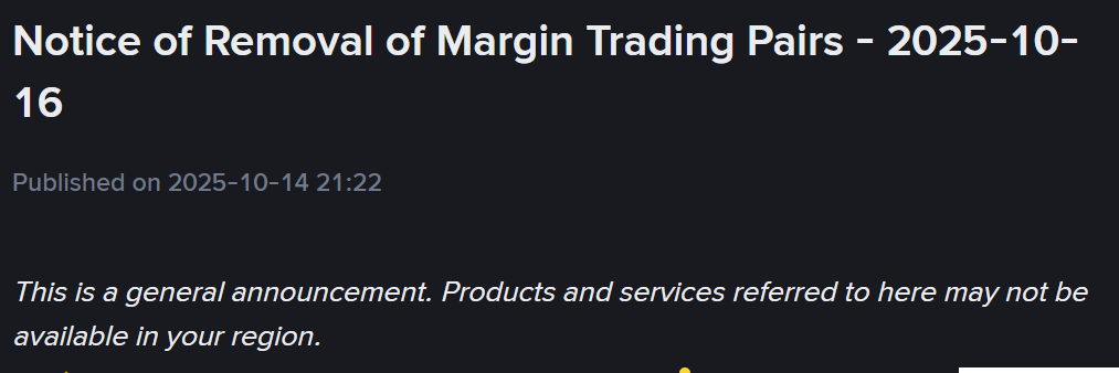Sàn Binance thông báo huỷ niêm yết loạt cặp giao dịch Margin vào ngày 16/10/2025 - theo Binance Announcement