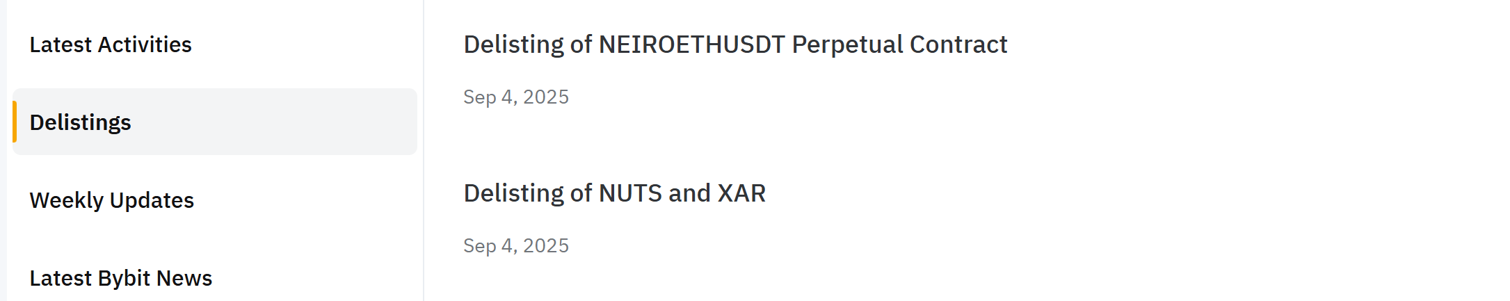 Bybit thông báo huỷ niêm yết 3 đồng coin trên mục Spot lẫn Futures vào ngày 9/9/2025 - nguồn: Bybit Announcement