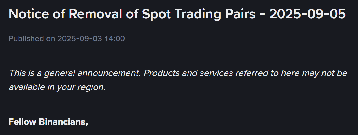 Binance thông báo huỷ niêm yết một số cặp giao dịch vào ngày 5/9/2025 - nguồn: Binance Announcement