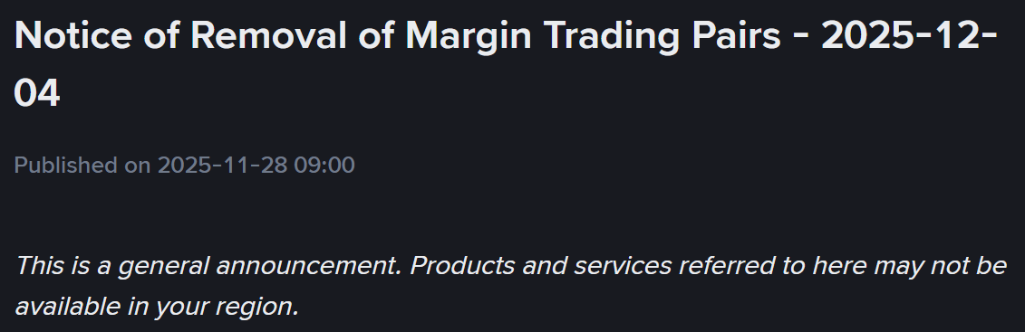Binance thông báo huỷ niêm yết hàng loạt cặp giao dịch Margin vào ngày 4/12/2025 - nguồn: Binance Announcement
