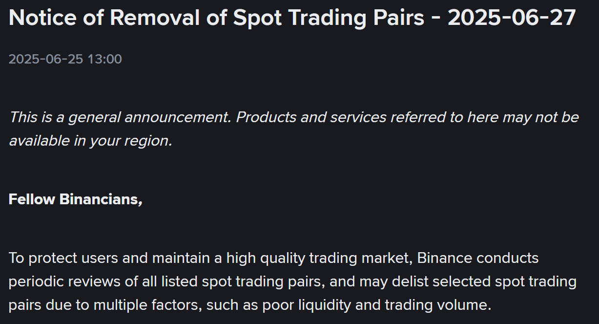 Sàn Binance công bố huỷ niêm yết hàng loạt cặp giao dịch Spot vào ngày 27/6 tới đây - nguồn: Binance Announcement