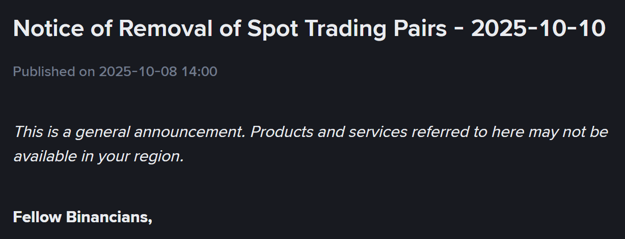 Binance đưa ra thông báo huỷ niêm yết một số cặp giao dịch Spot vào ngày 10/10/2025 - theo Binance Announcement