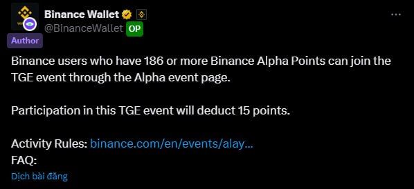 Binance Wallet công bố điều kiện để tham gia IDO Alaya AI (AGT) - nguồn: X (Twitter)