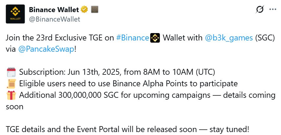 Binance Wallet ra mắt đợt IDO số 23 đến từ dự án Battle of Three Kingdoms (KAI) - nguồn: X (Twitter)
