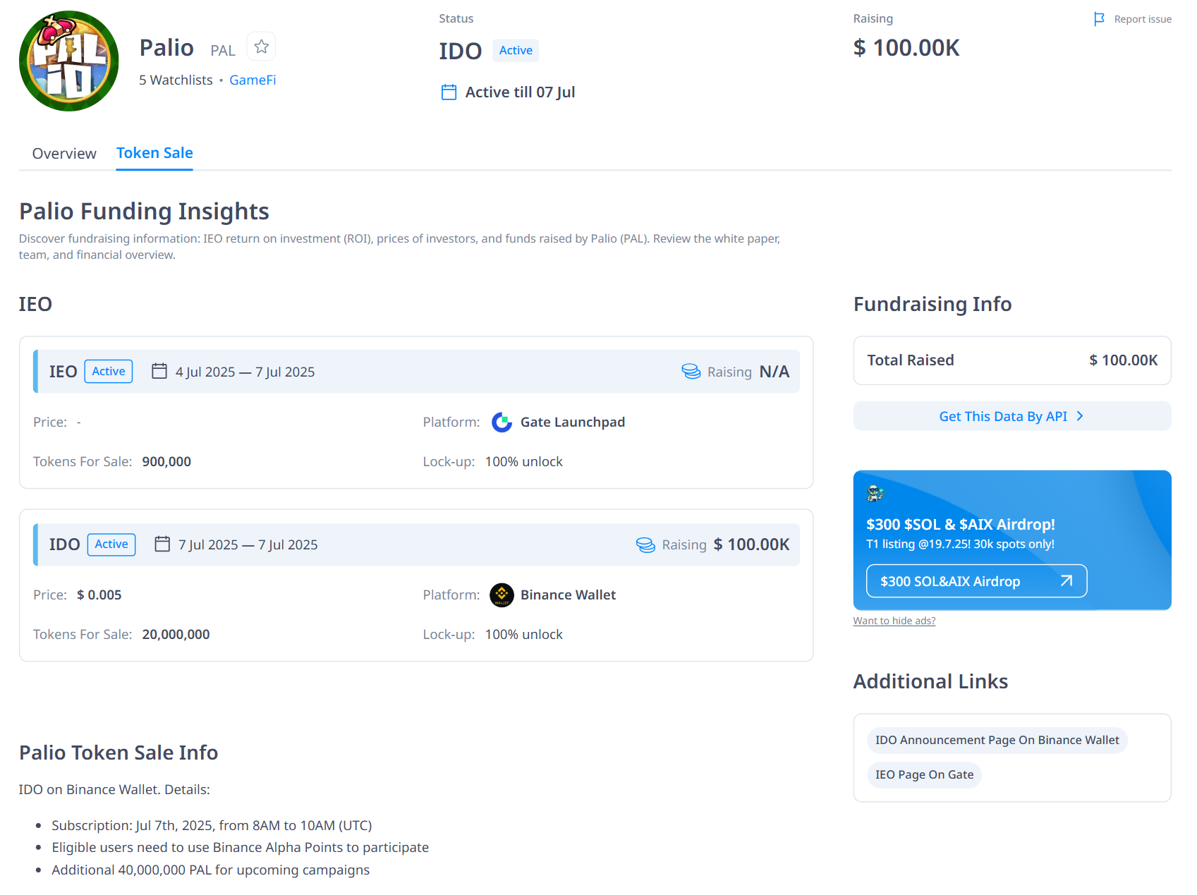 Một số thông tin về các vòng gọi vốn của dự án Palio (PAL) - theo CryptoRank