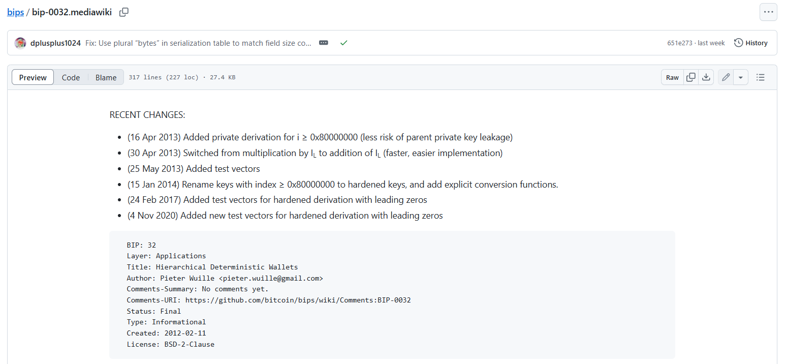 Thông tin cơ bản về BIP32 trên Github (Nguồn: Github)