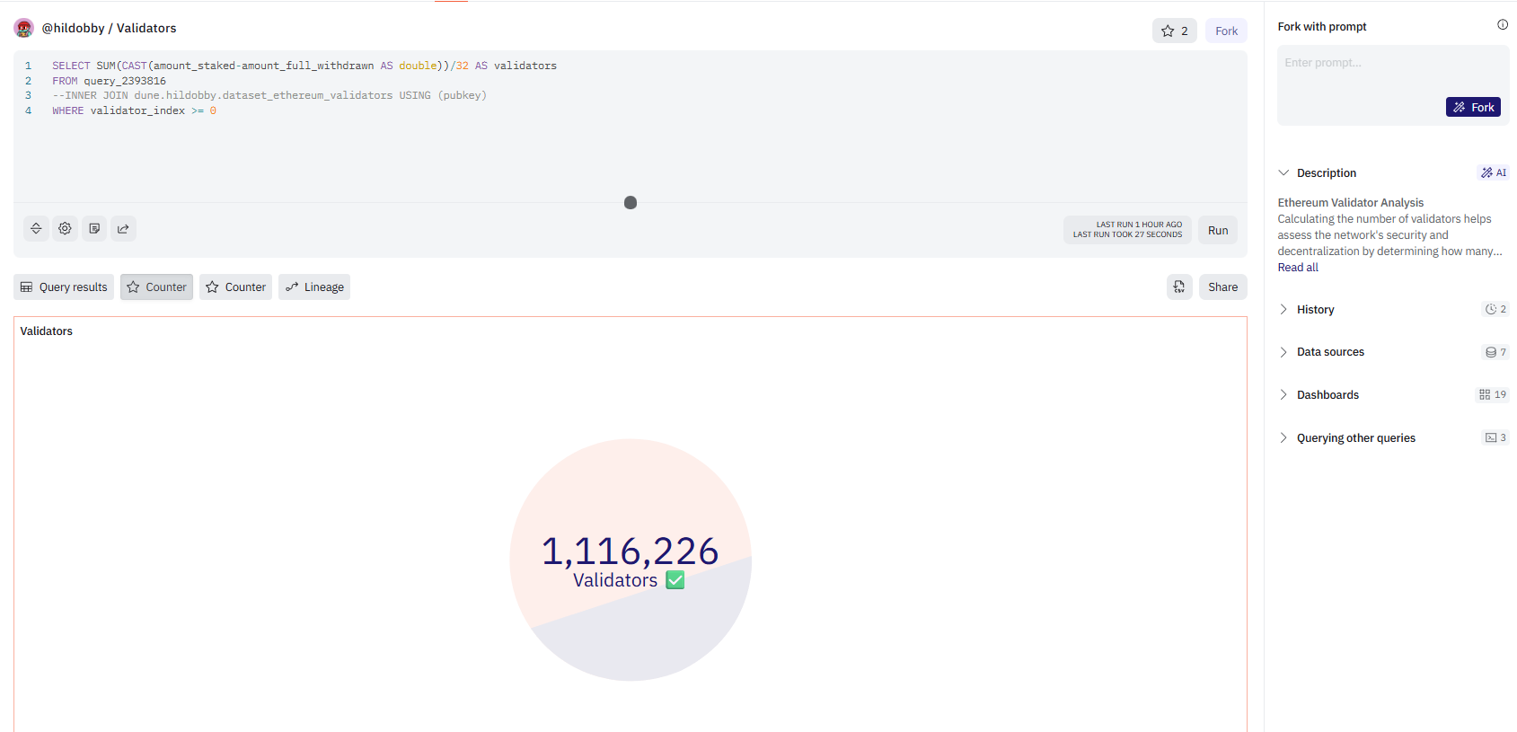 Ethereum đã có hơn 1,1 triệu validators (Nguồn: Dune.com)