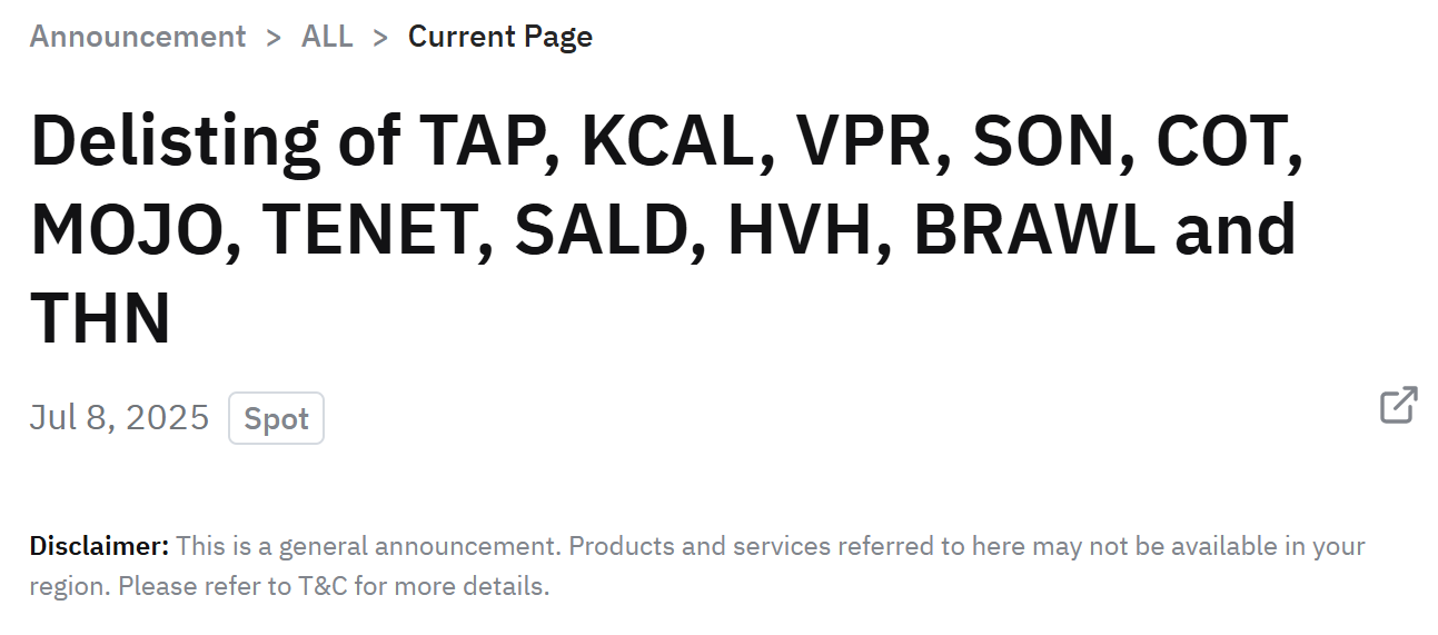 Sàn Bybit thông báo huỷ niêm yết hàng loạt đồng coin trên mục Spot - nguồn: Bybit Announcement