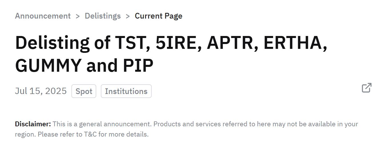 Sàn Bybit thông báo huỷ niêm yết 6 đồng coin trên mục Spot vào ngày 25/7/2025 - nguồn: Bybit Announcement