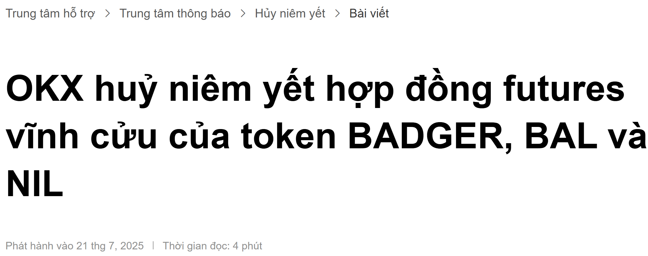 Sàn OKX thông báo huỷ niêm yết 3 đồng coin trên mục Futures vào ngày 25/7/2025 - nguồn: OKX Announcement