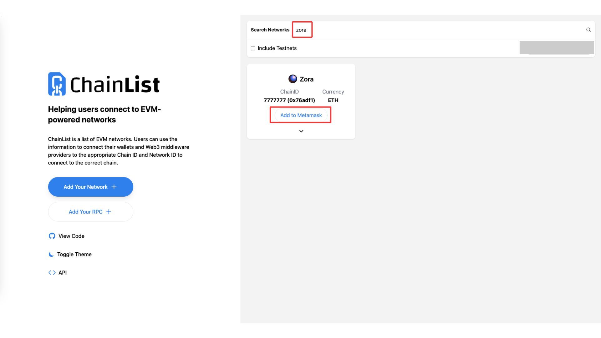 Thêm mạng Zora vào MetaMask
