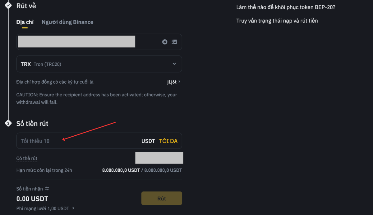 Nhập số tiền rút trên Binance