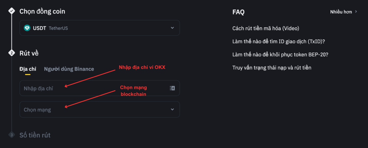 Nhập địa chỉ ví OKX và chọn mạng blockchain