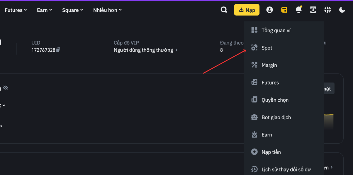 Chọn ví Spot trên Binance
