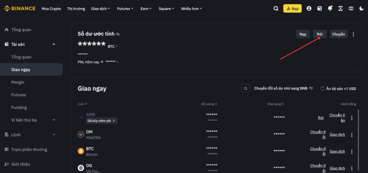 Chọn rút token trên Binance