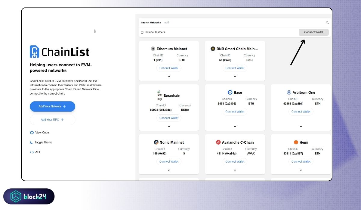 Truy cập Chainlist và kết nối ví