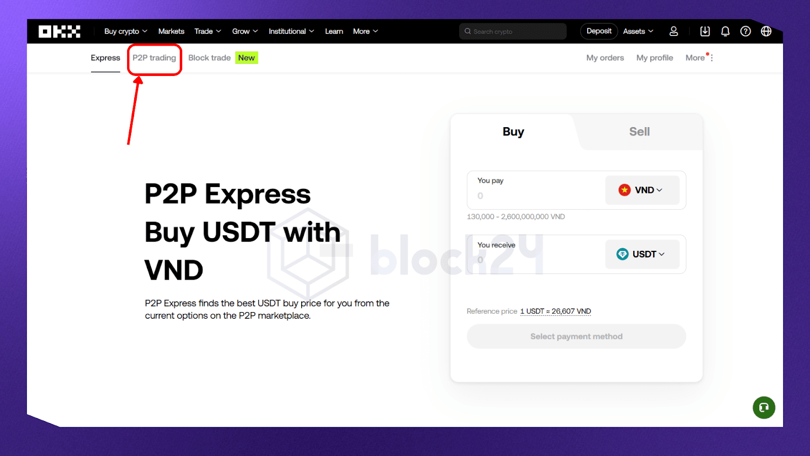 Truy cập vào P2P trading trên sàn OKX