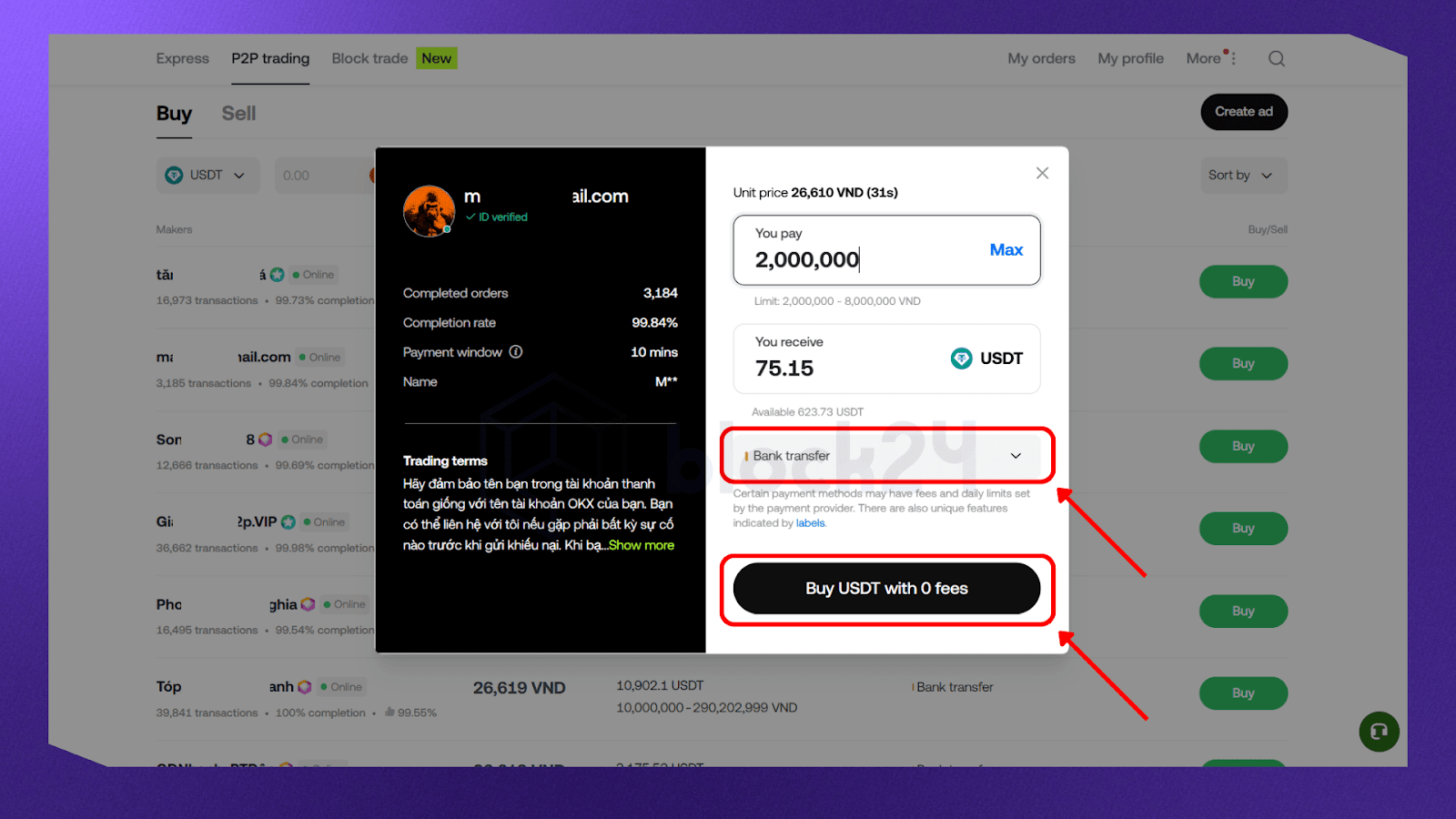 Nhập số lượng USDT muốn mua