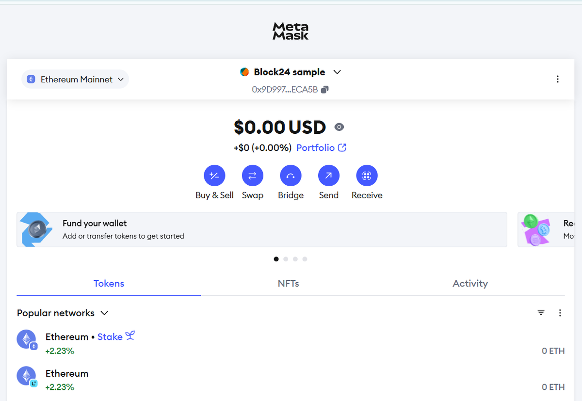 Giao diện ví MetaMask mới sau khi tạo