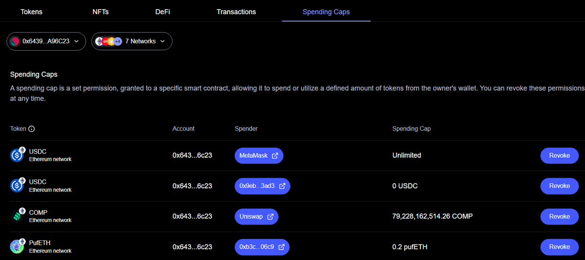 Giao diện quản lý Spending Caps trên MetaMask