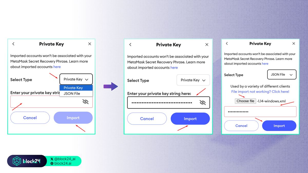 Các bước nhập ví hoặc account MetaMask có sẵn