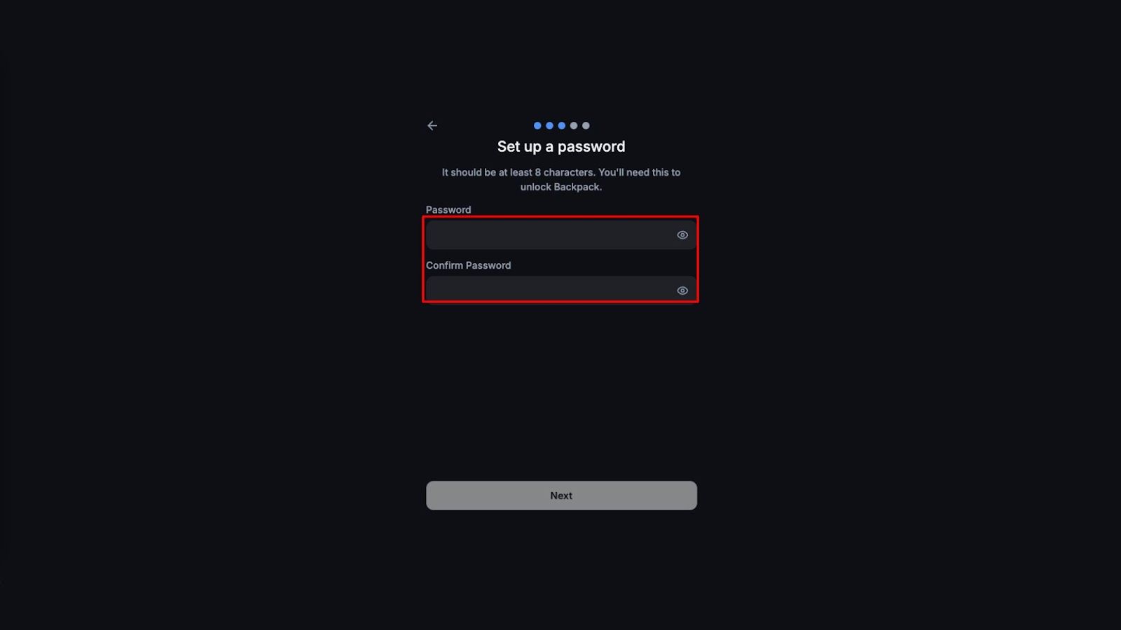 Setup mật khẩu cho ví mới