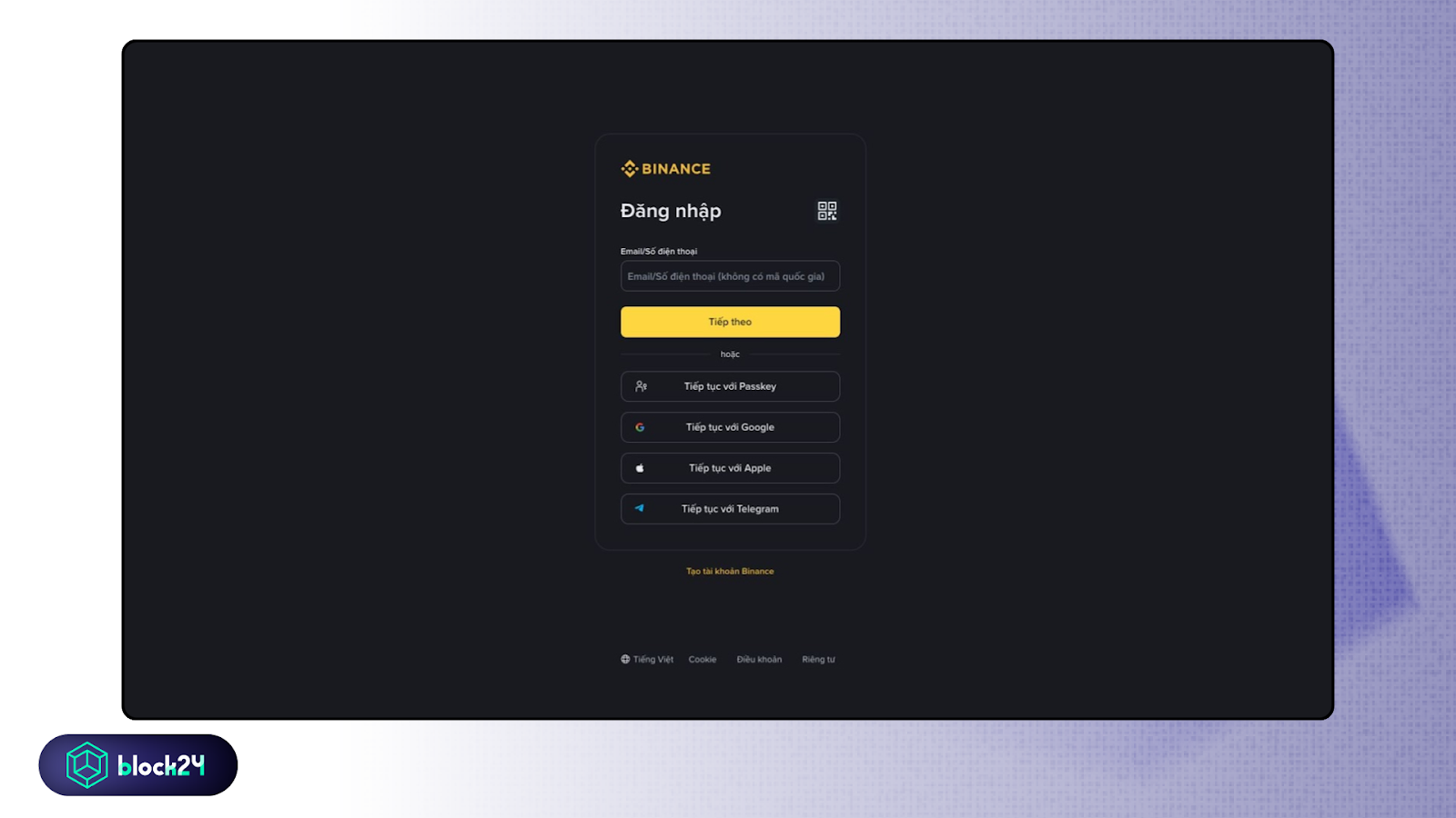 Giao diện đăng ký Binance