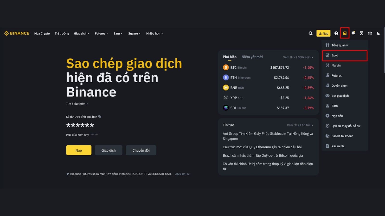 Giao diện Binance