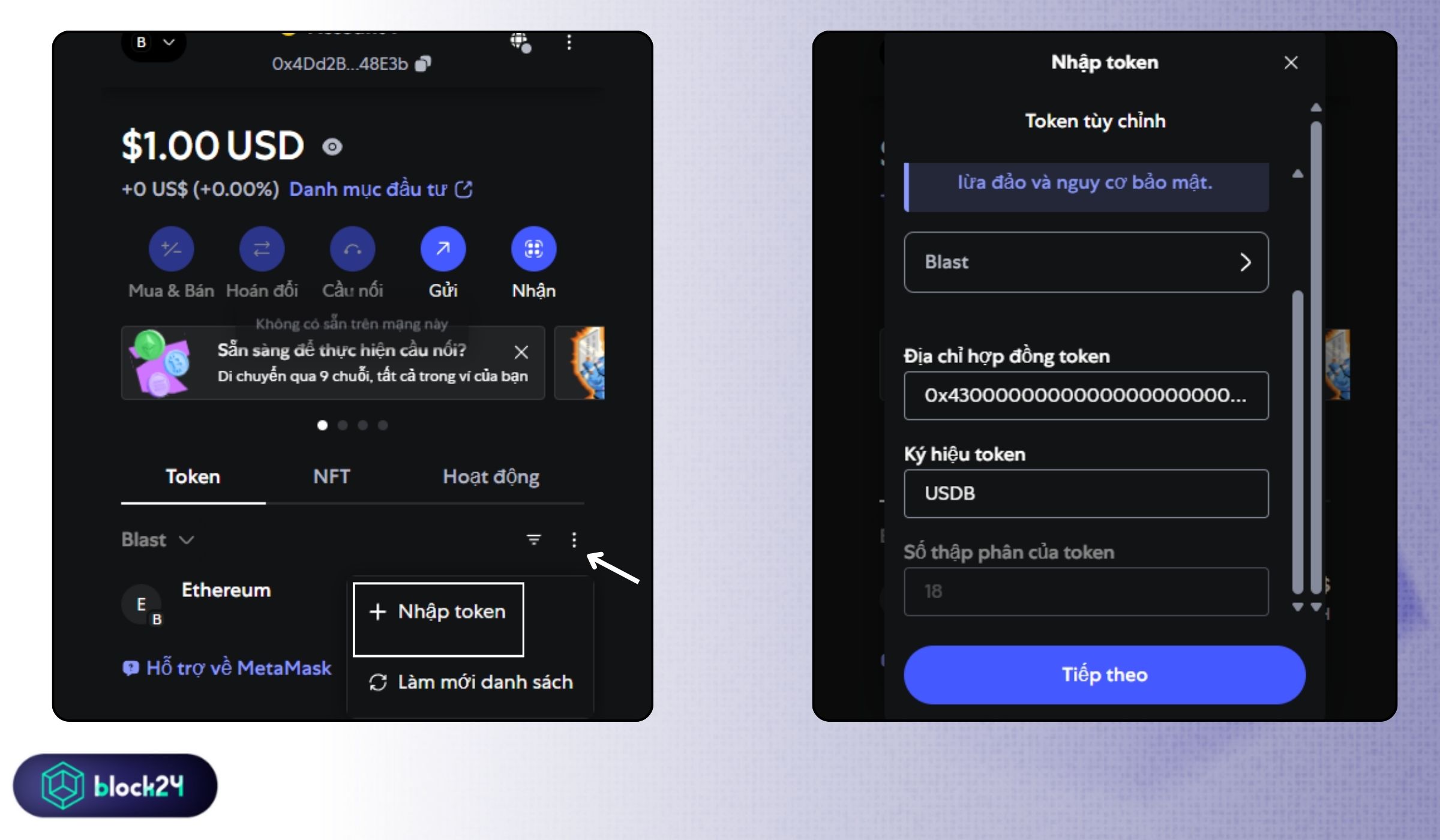 Add token mạng Blast vào ví