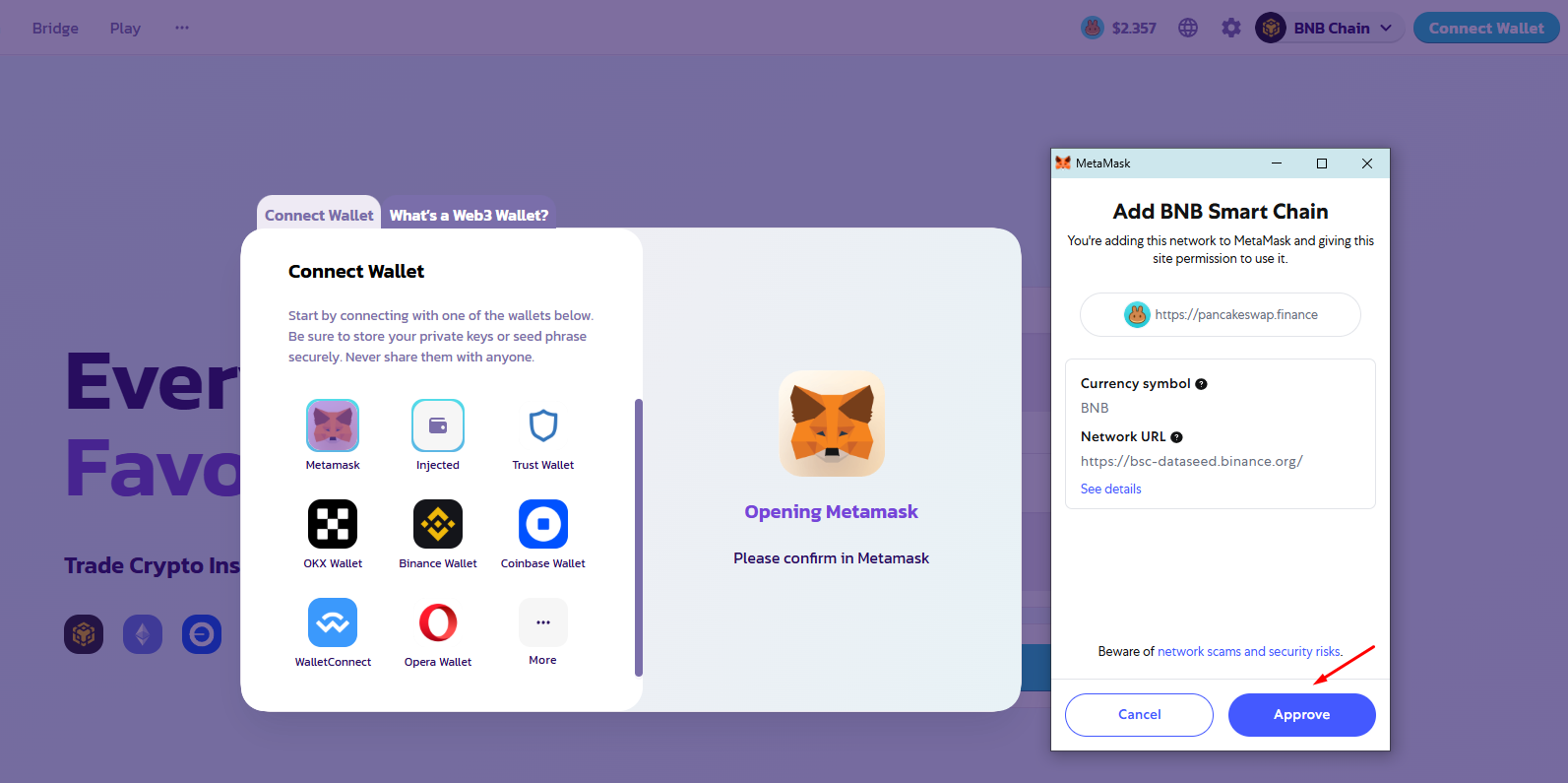 PancakeSwap yêu cầu thêm BNB chain vào ví MetaMask