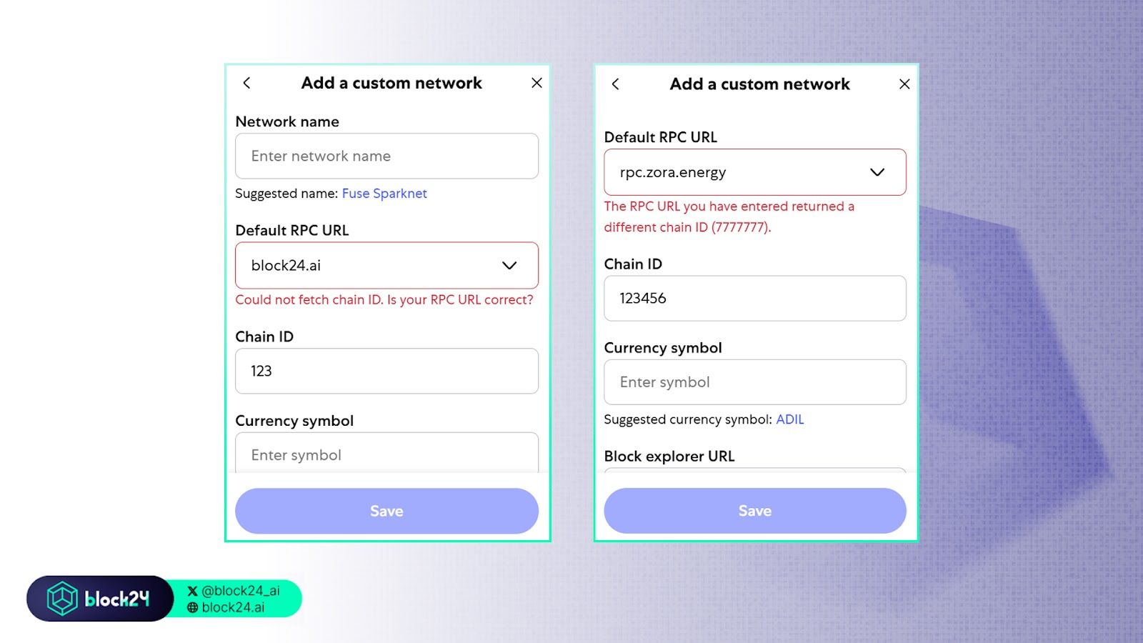 Minh họa báo lỗi khi nhập sai RPC URL hoặc Chain ID