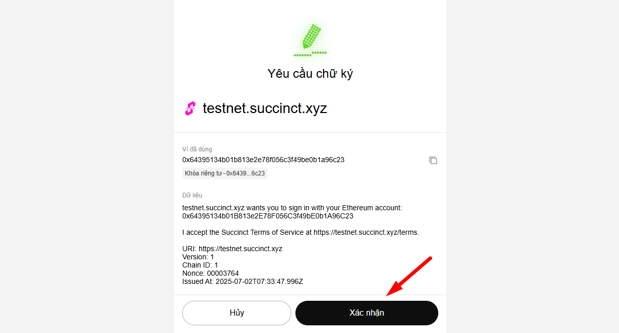 Bấm xác nhận chữ ký khi dApp yêu cầu