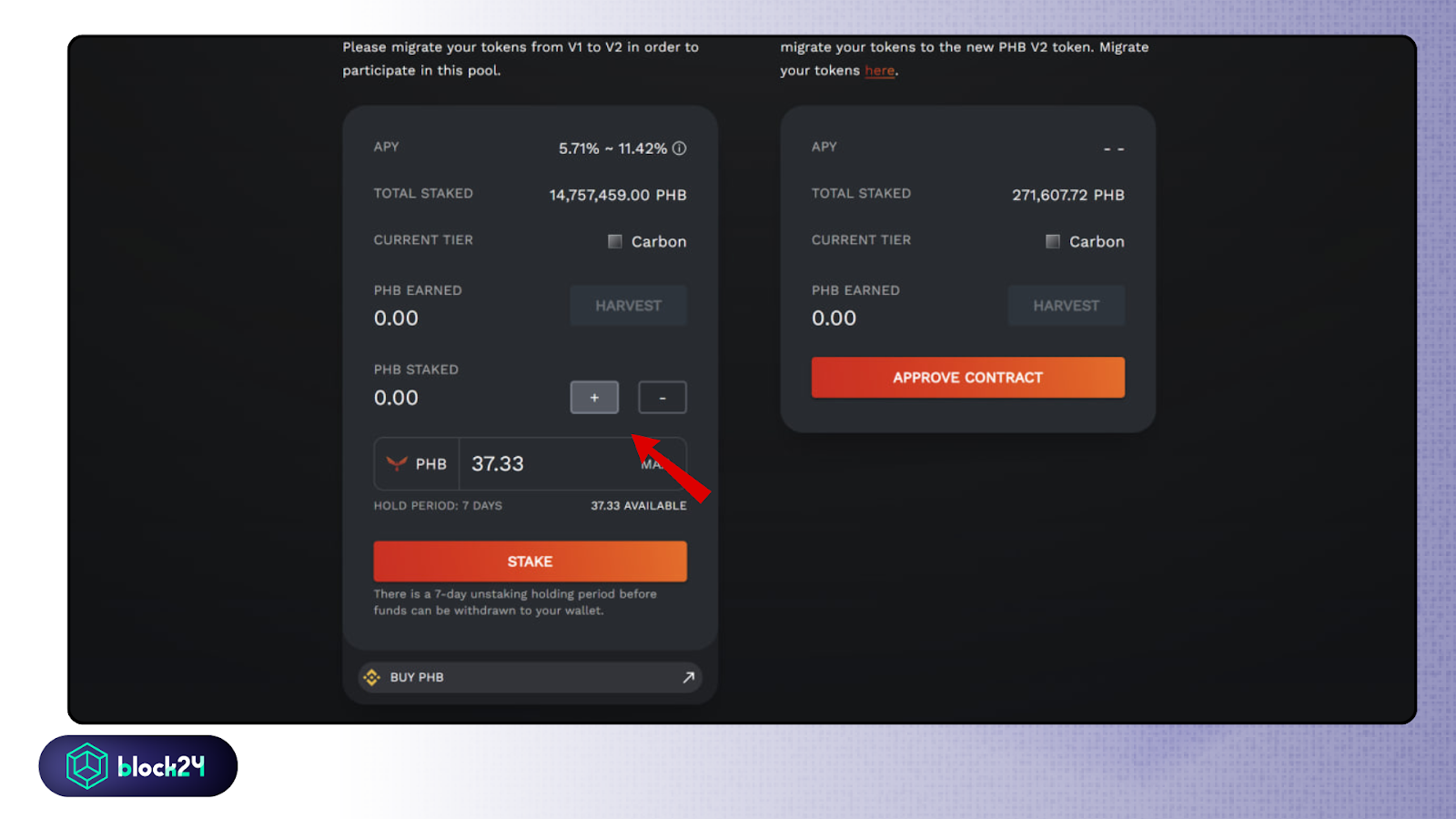 Điền số lượng $PHB muốn stake
