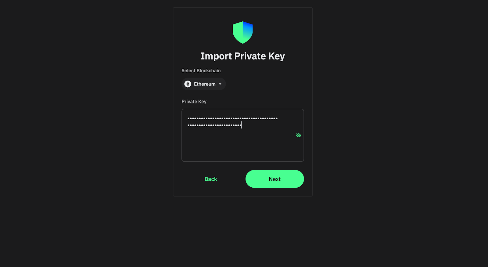 Chọn mạng blockchain và dán Private Key