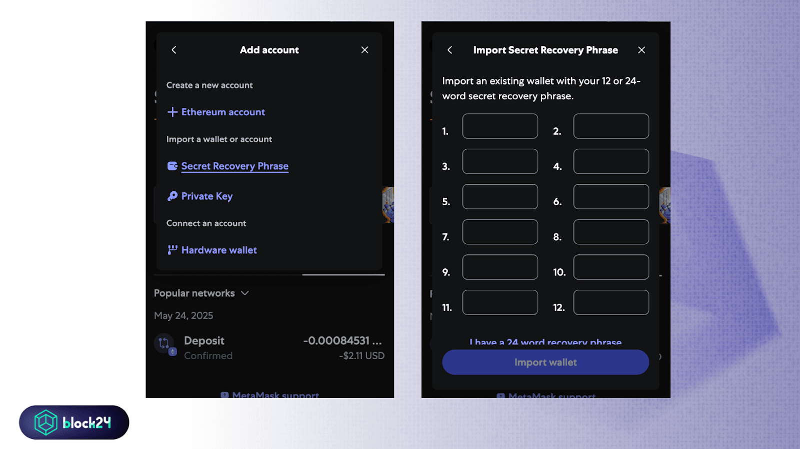 Nhập Secret Phrase vào ví MetaMask