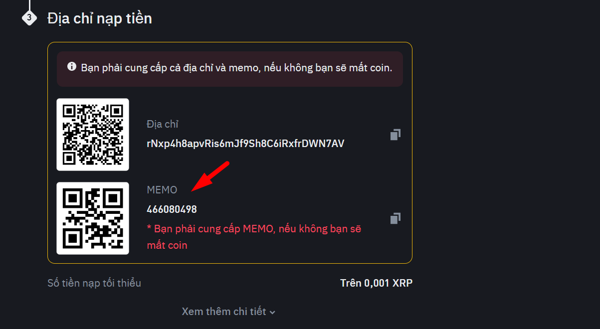 Chú ý tag/memo để nhập đúng khi chuyển coin