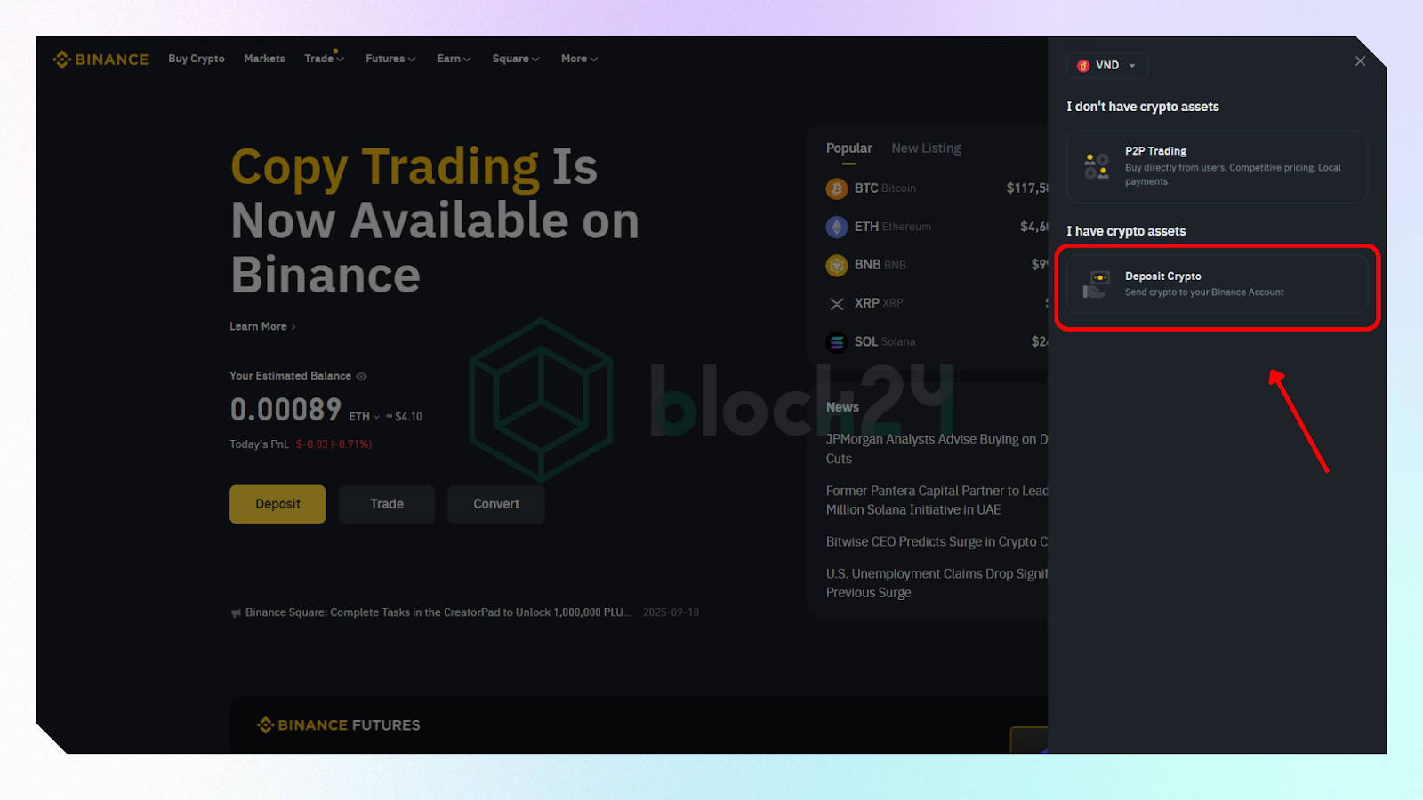 Chọn option Deposit Crypto