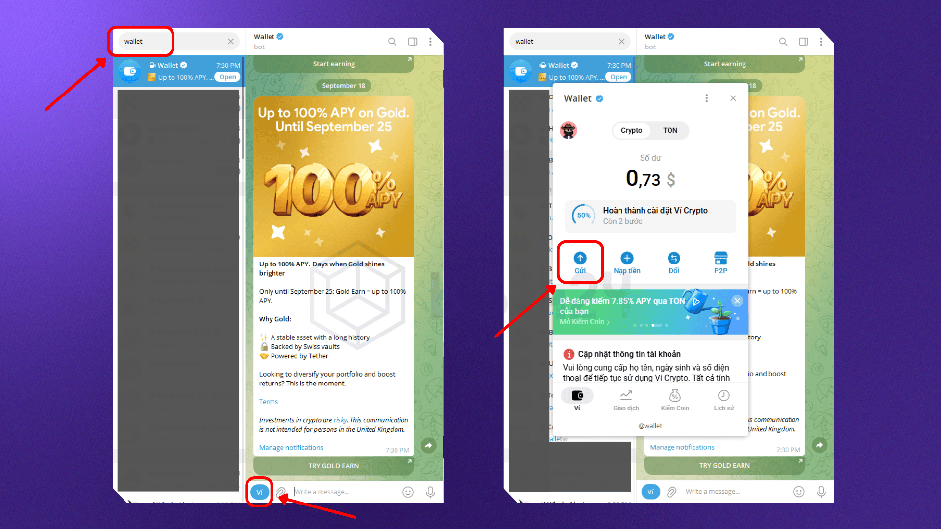 Bật mini app Wallet trên Telegram