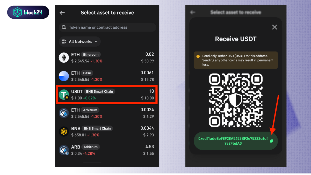 Chọn coin và copy địa chỉ ví