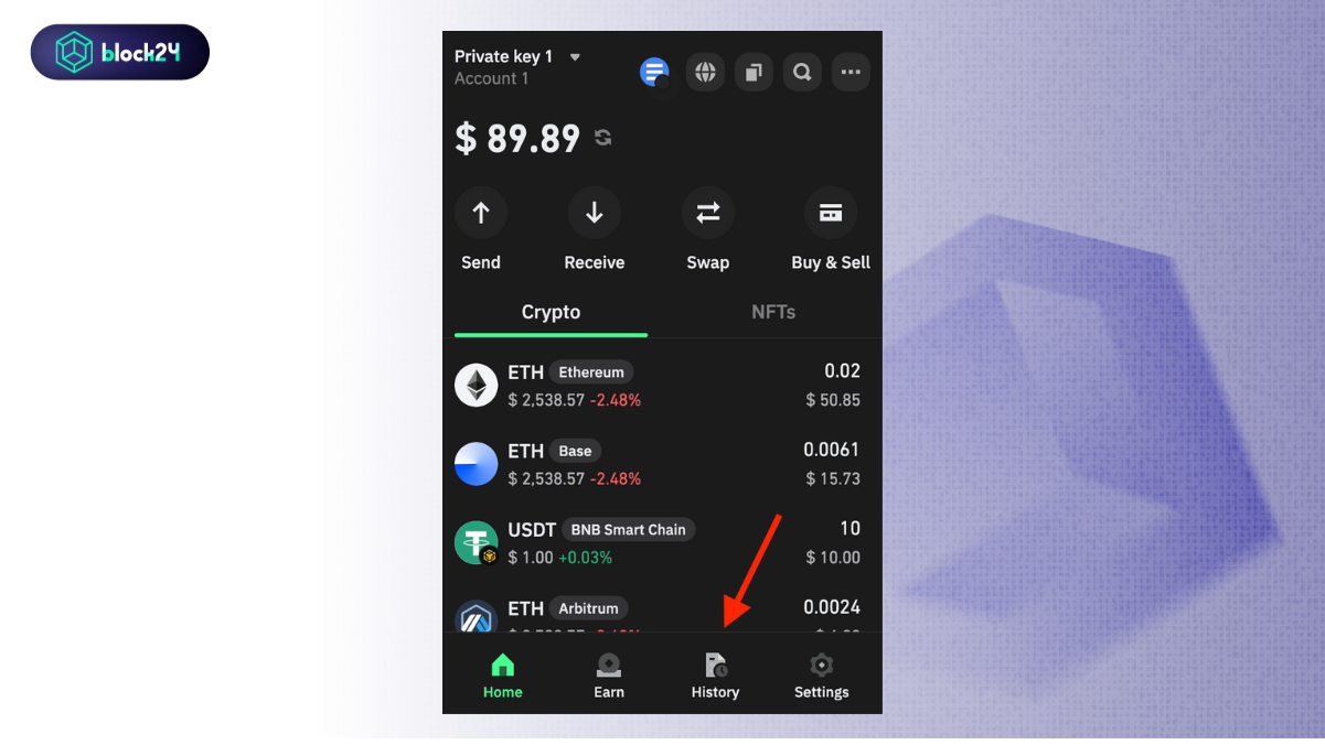 Mở ví Trust và mục History