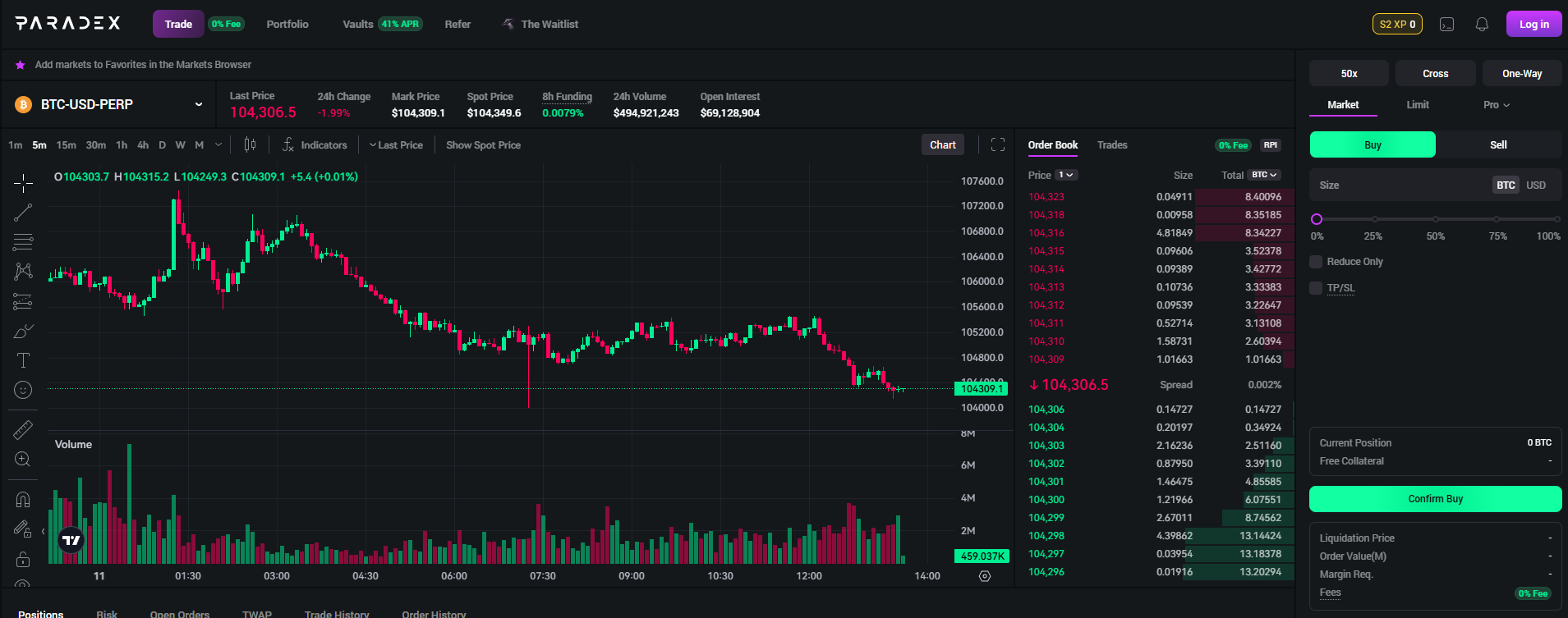 Giao diện trading của Paradex