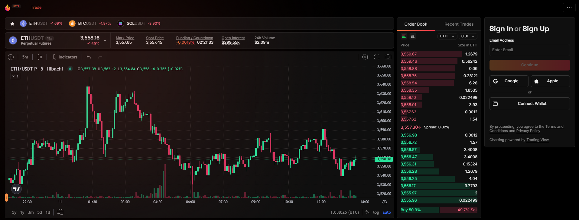 Giao diện trading của Hibachi