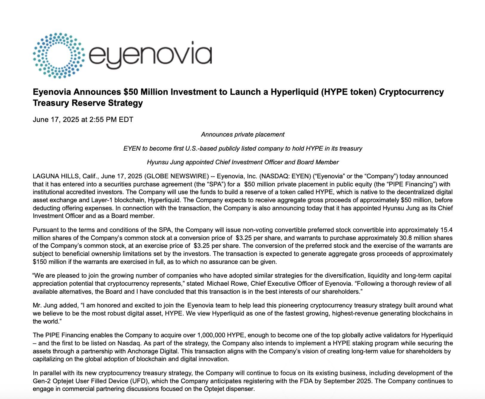 Eyenovia (EYEN) thông báo huy động 50 triệu USD để mua token HYPE (Hyperliquid) - nguồn: Eyenovia