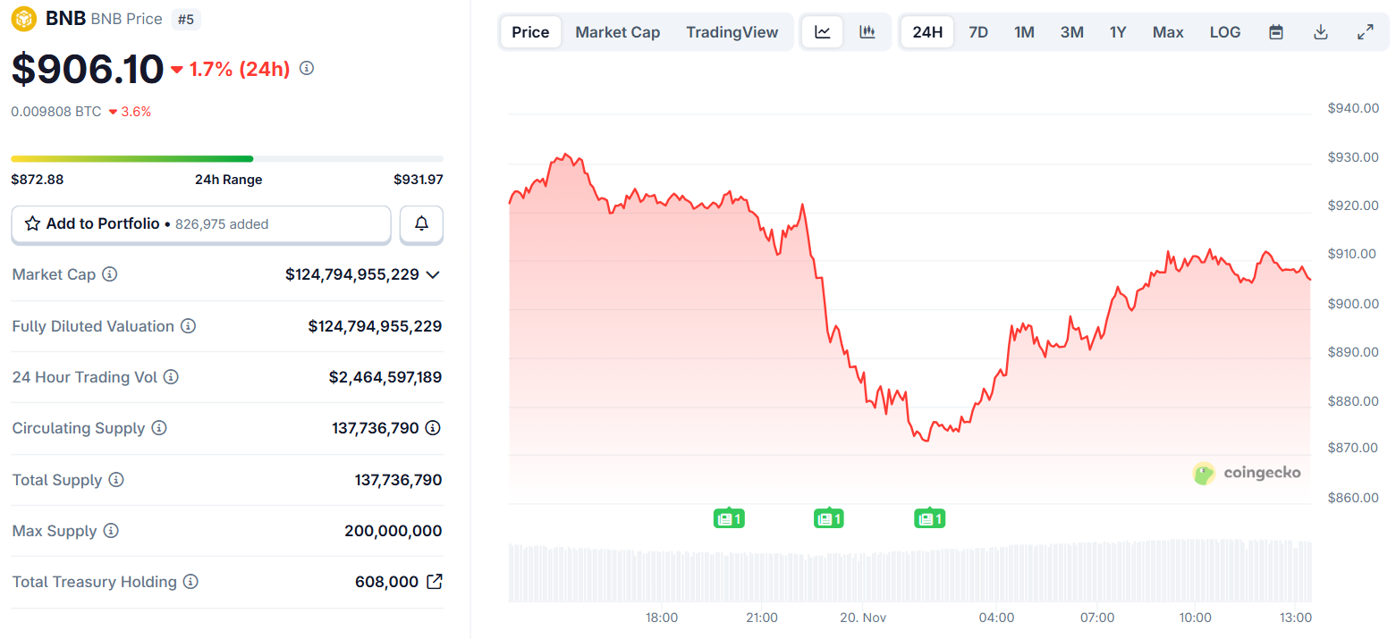 Biểu đồ giá của token BNB trong ngày 20/11/2025 - theo CoinGecko